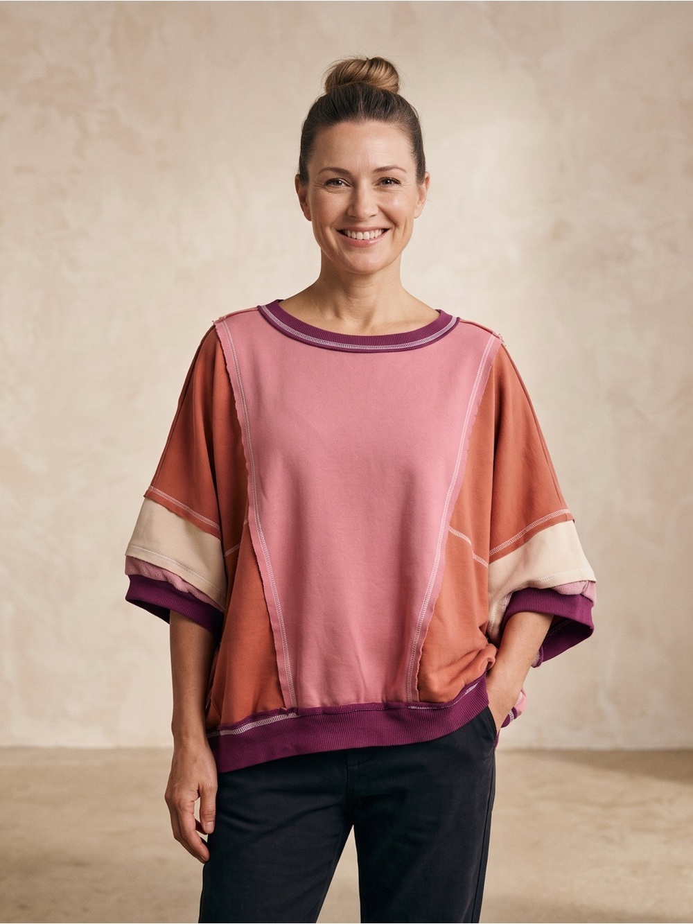 BiBi BNWT Oversized Colorblock Batwing Sleeve Distressed Raw Hem Boho Sweatshirt